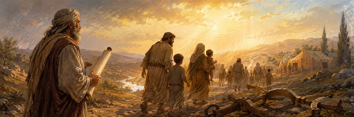 Jeremiah holding a blank scroll as returning families pass a shattered wooden yoke and approach renewed tents