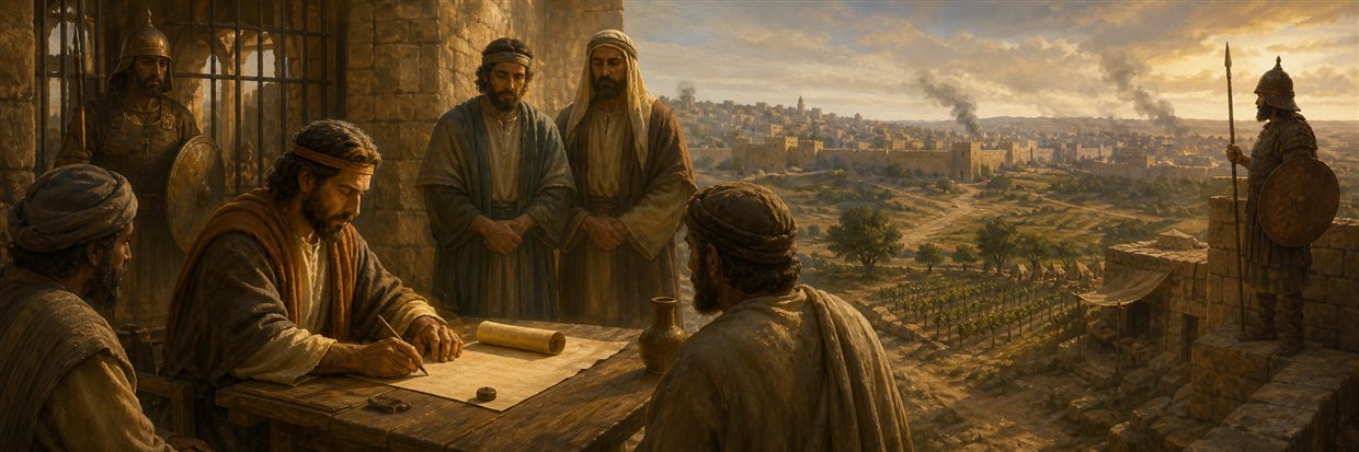 Jeremiah sealing a blank field deed before witnesses while guards watch besieged Jerusalem beyond the courtyard