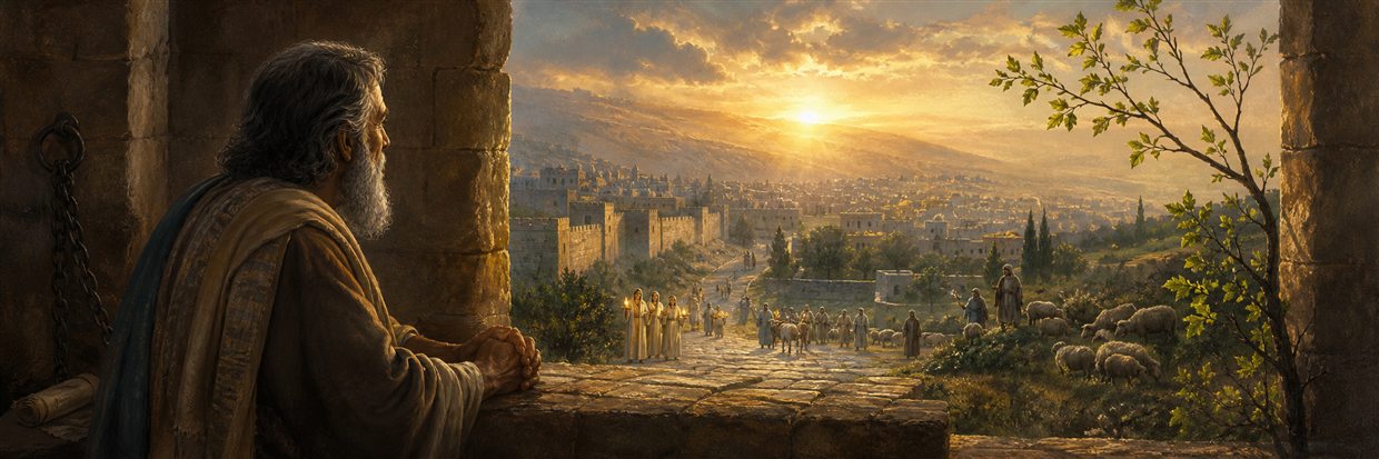Jeremiah looking from a dark courtyard toward restored streets, wedding lamps, shepherds, and a fresh green branch
