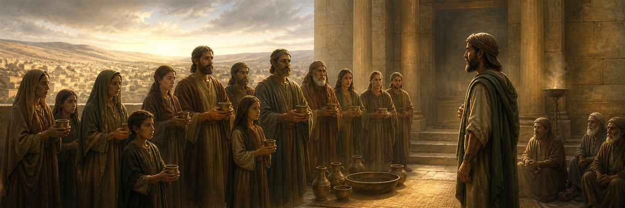 Rechabite men, women, and children holding closed cups before Jeremiah in a temple chamber