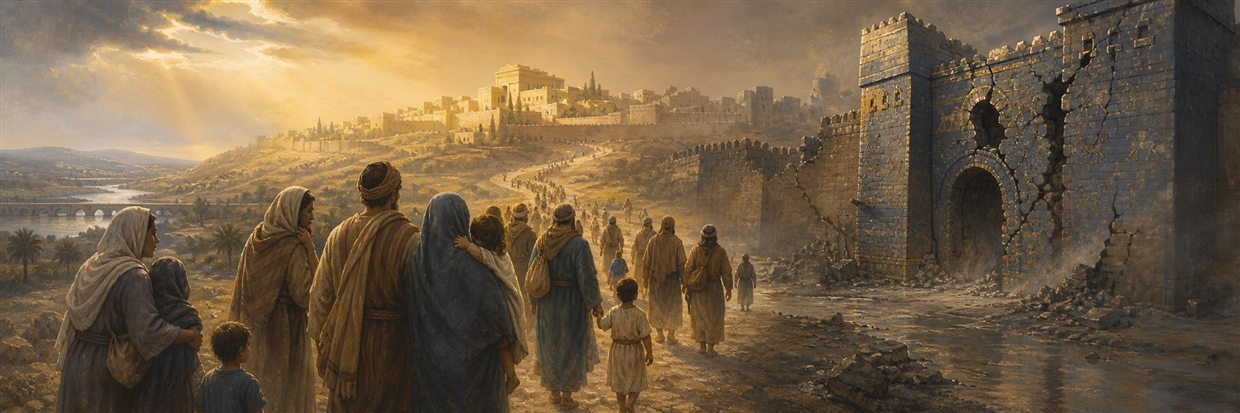 Israelite and Judean families walking toward sunlit Zion as Babylon's massive gate cracks and empties behind them