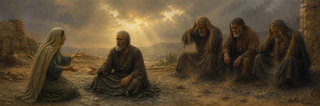 Job seated in ashes with his wife and three silent friends