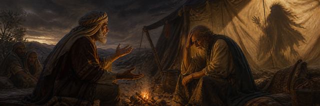 Eliphaz speaking to Job beside a shadowed wind-stirred tent