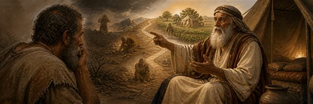 Eliphaz speaking of discipline beside thorns and a restored field