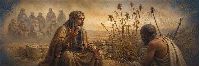 Bildad addressing Job beside withered reeds and a fragile shelter