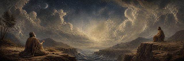 Job beneath immense skies looking across a chasm toward an empty place