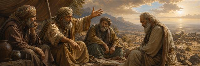 Zophar rebuking Job while gesturing toward a distant restored camp