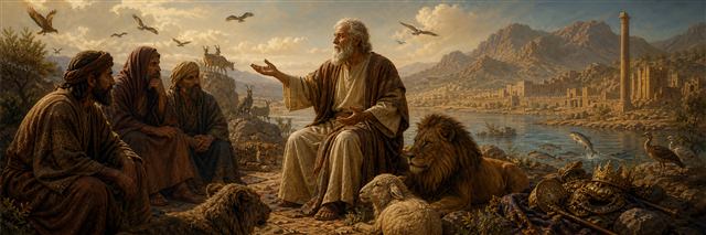 Job answering his friends amid animals, earth, and discarded crowns