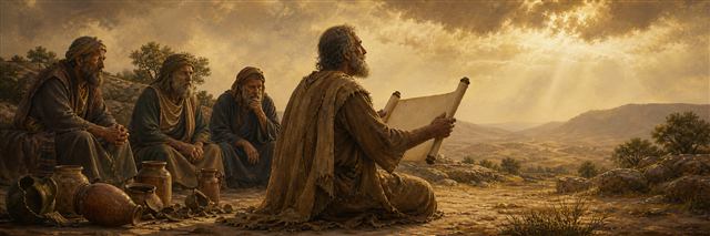 Job facing an open horizon after setting aside cracked medicine jars