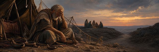 Job sitting at dusk beside extinguished lamps and broken tent cords