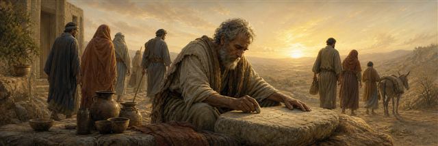 Job alone as companions recede and warm dawn rises beyond a stone