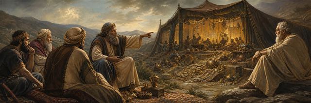 Zophar speaking as an imagined wealthy feast darkens behind him