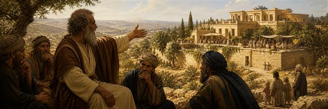 Job pointing toward a prosperous estate while his friends reconsider
