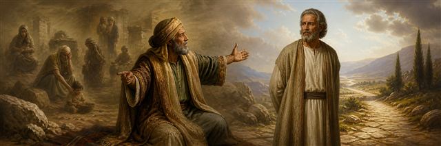 Eliphaz accusing Job as imagined scenes of neglected people appear behind