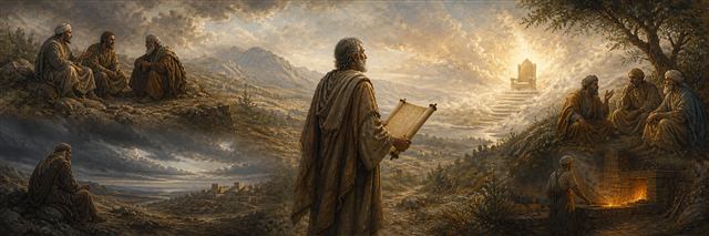 Job searching a vast landscape with a blank case scroll in hand