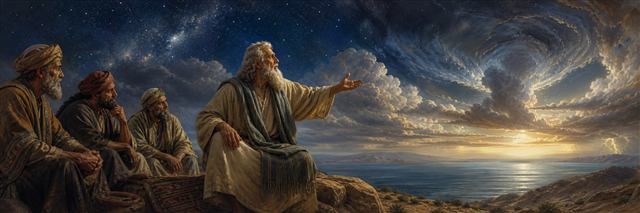 Job gesturing across suspended clouds, stars, sea, and circling storm