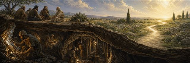 Miners seeking precious ore below while a luminous path crosses the land above