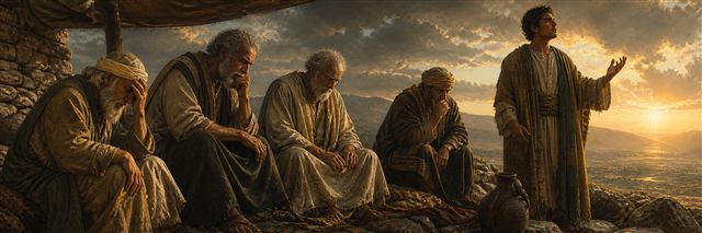 Elihu rising to speak as Job and three older friends sit silently