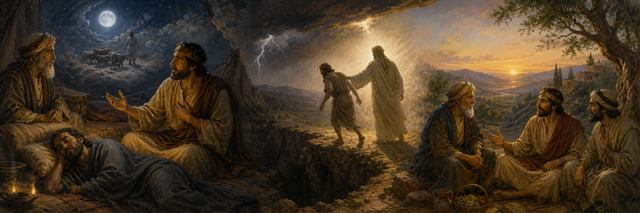 Elihu addressing Job beside a sleeper and a traveler drawn from danger