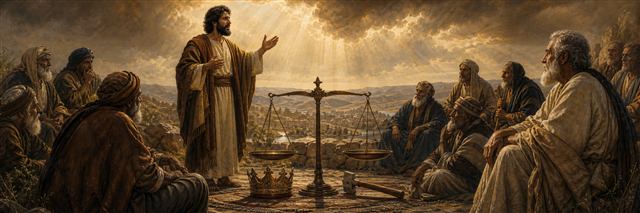Elihu speaking before elders beside scales balancing crown and laborer's tool