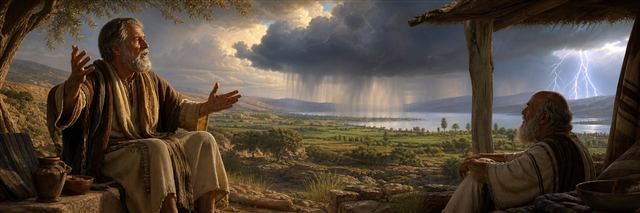 Elihu teaching Job as rain clouds and distant lightning cross the fields