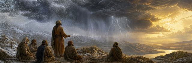 Elihu and the others standing beneath snow, rain, lightning, and clearing light