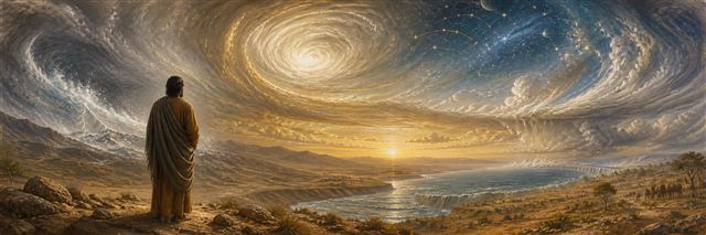 Job standing before a luminous whirlwind spanning sea, earth, snow, and stars