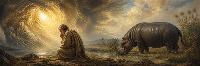 Job bowing before storm light as a massive Behemoth grazes among reeds
