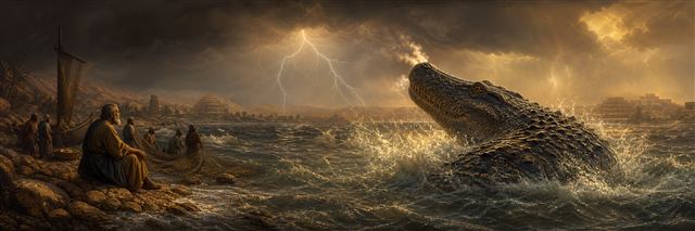 A vast crocodilian Leviathan surfacing in storm-lit water beyond distant people