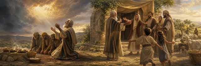 Job praying with three humbled friends as family and community welcome him
