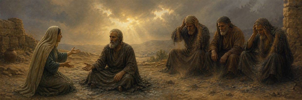 Job seated in ashes with his wife and three silent friends