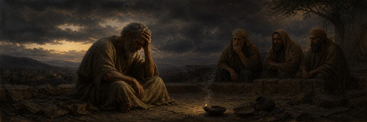 Job lamenting beneath a dark sky as three friends listen