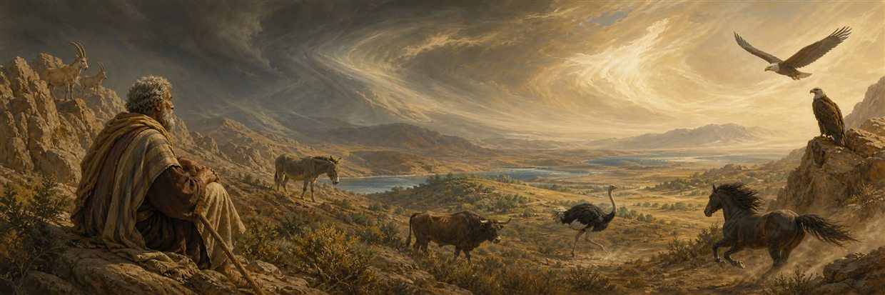 Job observing diverse wild animals across a spacious wilderness
