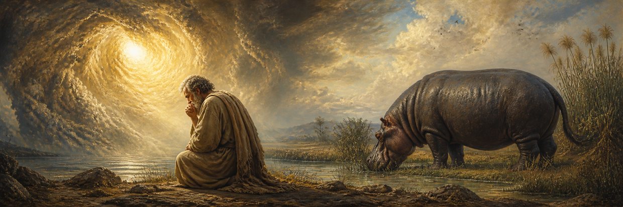 Job bowing before storm light as a massive Behemoth grazes among reeds