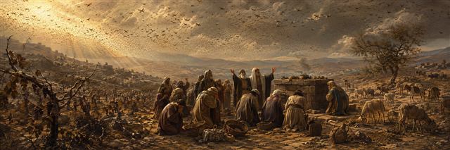 A dense locust swarm darkens the sky above stripped vineyards as elders, farmers, and priests gather beside empty baskets and a quiet altar