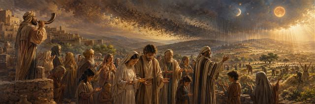A trumpet sounds above Jerusalem as families and priests gather in repentance between a dark advancing swarm and rain-lit renewed fields