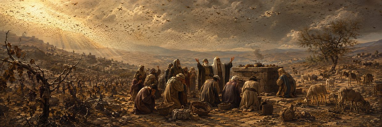 A dense locust swarm darkens the sky above stripped vineyards as elders, farmers, and priests gather beside empty baskets and a quiet altar