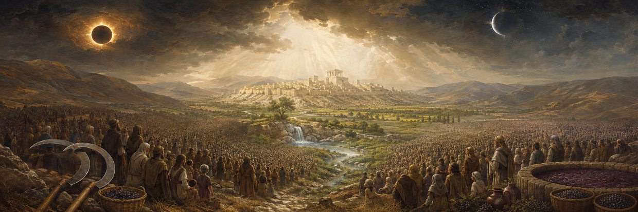 Multitudes gather in a broad valley beneath a darkened sun and moon as harvest sickles and a wine vat frame radiant Zion and a clear flowing spring