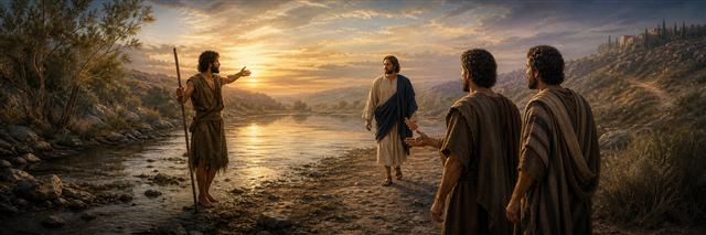 John the Baptist pointing toward Jesus beside the Jordan as the first disciples approach