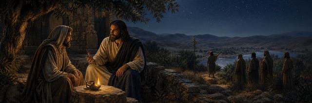 Jesus speaking with Nicodemus at night while John the Baptist points toward him beside the Jordan