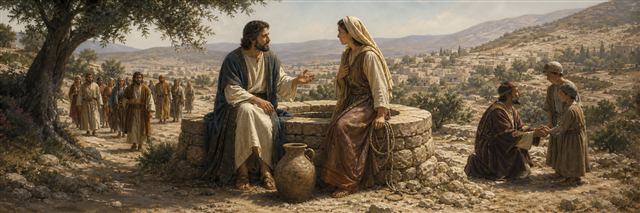 Jesus speaking with a Samaritan woman at Jacob’s well as villagers approach across the hillside