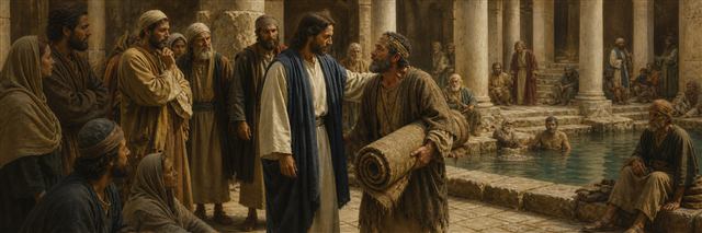 Jesus helping a long-disabled man rise with his mat beside the Pool of Bethesda