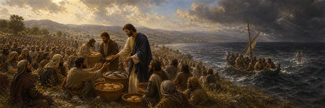 Jesus distributing bread to a hillside crowd as disciples face rough water on Galilee