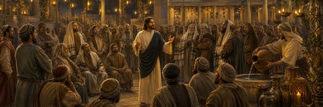 Jesus teaching a divided crowd among lamps and water vessels during the Feast of Tabernacles
