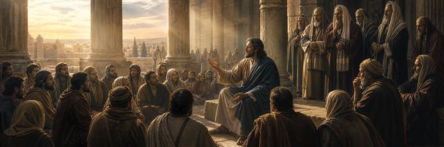 Jesus teaching listeners in a sunlit temple court while religious leaders question him