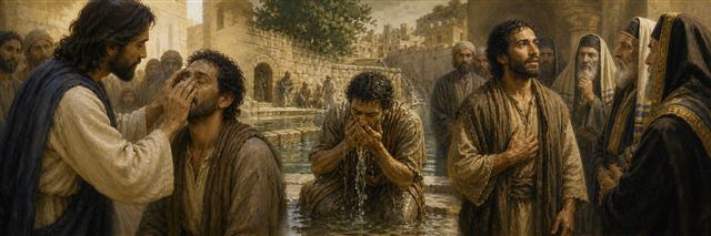 Jesus restoring a blind man who later washes at Siloam and answers questioning leaders