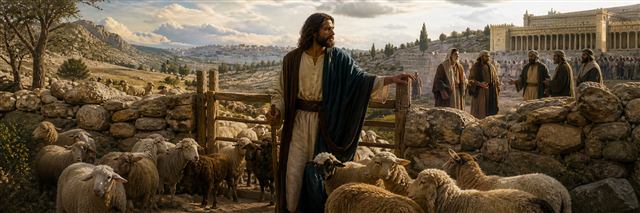 Jesus standing at a sheepfold gate among a gathered flock with the Jerusalem temple in the distance