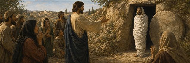 Lazarus emerging wrapped from his tomb as Jesus, Martha, Mary, and mourners watch