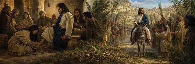 Mary anointing Jesus at Bethany as a palm-bearing crowd welcomes him toward Jerusalem