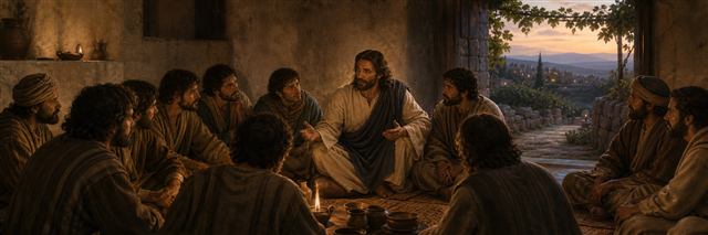 Jesus comforting disciples in the upper room beside an open doorway overlooking a peaceful road
